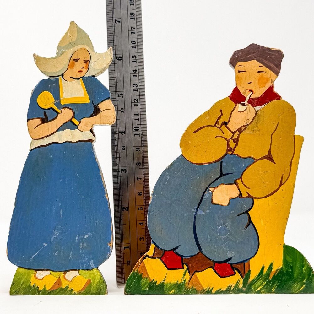 Vintage Hand Painted Dutch Folk Art Wooden Shelf Sitters Holland Couple Set - Picture 5 of 5